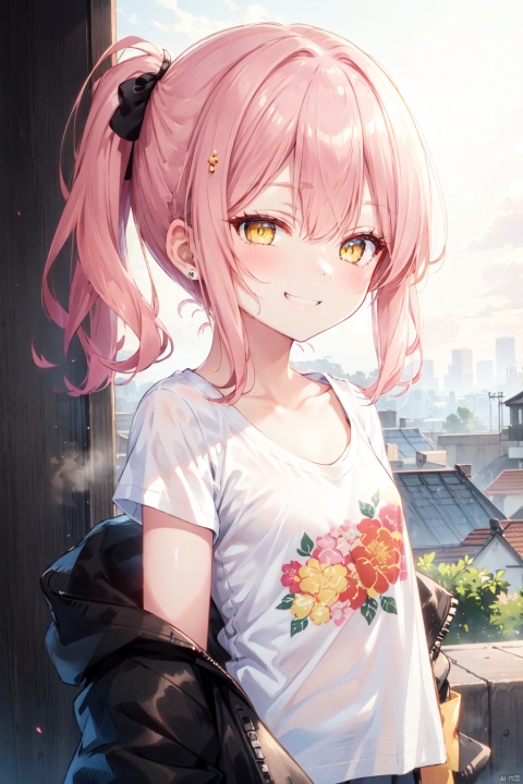 masterpiece,loli,(petite:1.2),high ponytail,medium breast,(panorama:1.2),caustics,best quality,beautiful detailed eyes,(pink hair),wavy hair,disheveled hair, messy hair, long bangs, hairs between eyes, extremely detailed, floating hair,solo, best quality, masterpiece, highres, original, extremely detailed wallpaper,{an extremely delicate and beautiful}++++loose clothes,(white t-shirt:1.4),(black open jacket:1.2),++hairclip+/*/*/*++(floral print:1.2)+/*/*/*+++yellow eyes, {beautiful eyes},solo,evil grin