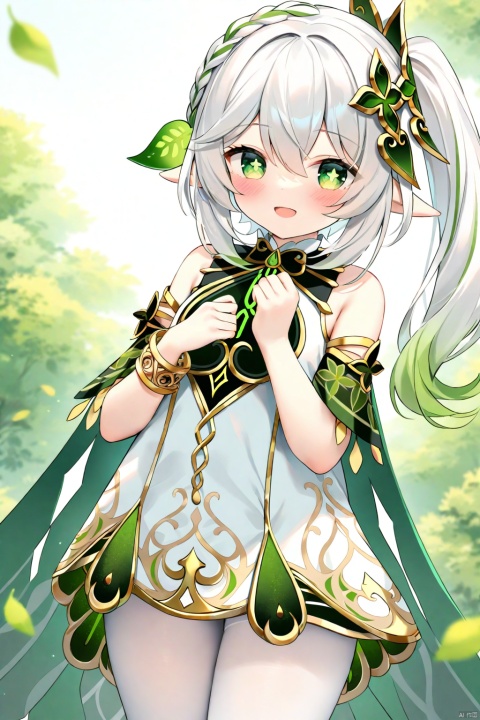 (masterpiece),(best quality),Best-A,chen_bin,Best-A,1girl, bare_shoulders, blush, bracelet, braid, breasts, cape, chen_bin, crown_braid, detached_sleeves, dress, genshin_impact, gradient_hair, green_cape, green_eyes, green_hair, hair_ornament, highres, jewelry, leaf_hair_ornament, long_hair, looking_at_viewer, multicolored_hair, nahida_\(genshin_impact\), open_mouth, outdoors, pantyhose, pointy_ears, side_ponytail, sidelocks, sleeveless, sleeveless_dress, small_breasts, smile, solo, symbol-shaped_pupils, thighs, white_dress, white_hair, white_pantyhose