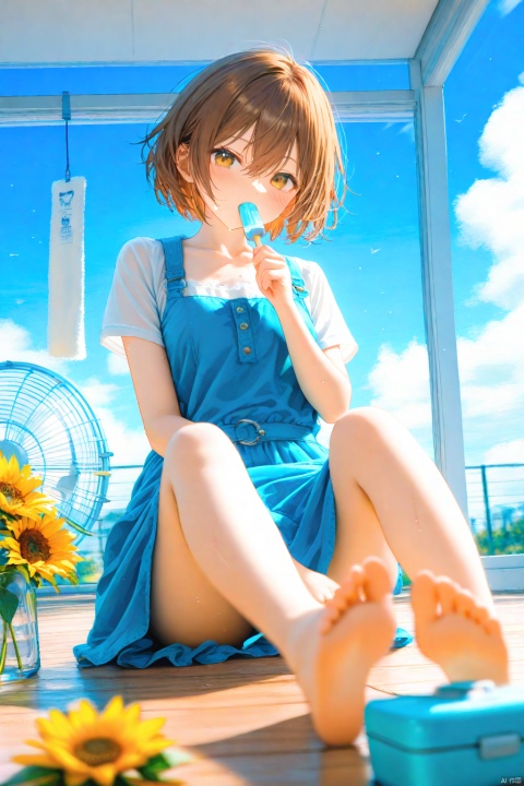 (masterpiece),(best quality),illustration,ultra detailed,hdr,Depth of field,(colorful),(chromatic aberration),1girl,solo,barefoot,brown hair,summer,cloud,brown eyes,sitting,dress,food,mouth hold,day,sky,soles,short hair,wind chime,short sleeves,electric fan,feet,blue dress,hair between eyes,bangs,blush,flower,blue sky,indoors,popsicle,toes,twitter username,on floor,looking at viewer,collarbone,sweat,sunflower,cloudy sky,towel, PVC