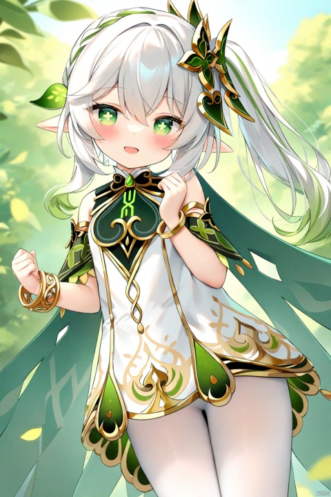 (masterpiece),(best quality),Best-A,chen_bin,Best-A,1girl, bare_shoulders, blush, bracelet, braid, breasts, cape, chen_bin, crown_braid, detached_sleeves, dress, genshin_impact, gradient_hair, green_cape, green_eyes, green_hair, hair_ornament, highres, jewelry, leaf_hair_ornament, long_hair, looking_at_viewer, multicolored_hair, nahida_\(genshin_impact\), open_mouth, outdoors, pantyhose, pointy_ears, side_ponytail, sidelocks, sleeveless, sleeveless_dress, small_breasts, smile, solo, symbol-shaped_pupils, thighs, white_dress, white_hair, white_pantyhose