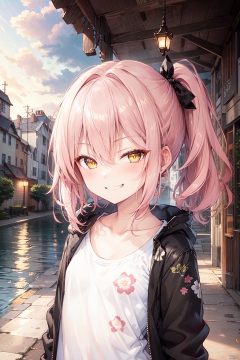 masterpiece,loli,(petite:1.2),high ponytail,medium breast,(panorama:1.2),caustics,best quality,beautiful detailed eyes,(pink hair),wavy hair,disheveled hair, messy hair, long bangs, hairs between eyes, extremely detailed, floating hair,solo, best quality, masterpiece, highres, original, extremely detailed wallpaper,{an extremely delicate and beautiful}++++loose clothes,(white t-shirt:1.4),(black open jacket:1.2),++hairclip+/*/*/*++(floral print:1.2)+/*/*/*+++yellow eyes, {beautiful eyes},solo,evil grin,smug,evil smile,naughty face,half-closed eyes