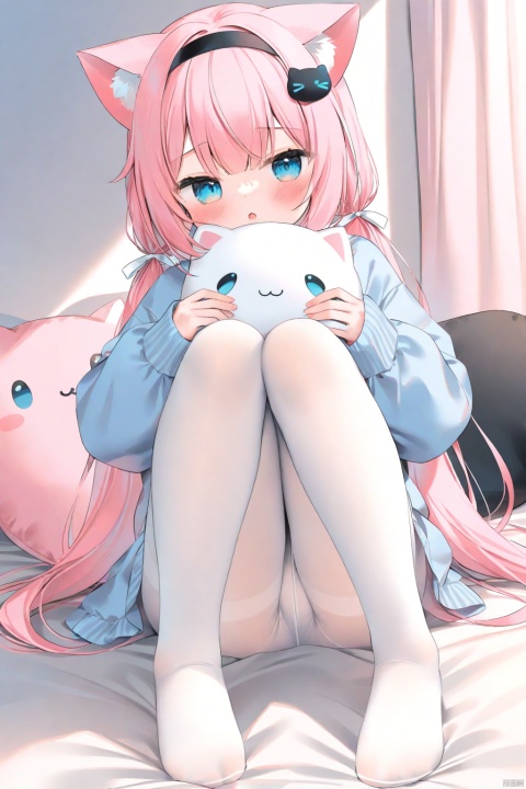 (masterpiece),(best quality),Best-A,chen_bin,Best-A,1girl, absurdres, animal_ears, blue_eyes, cat_ears, chen_bin, commentary, curtains, fake_animal_ears, hair_ornament, hairband, highres, hugging_object, indie_virtual_youtuber, indoors, knees_together_feet_apart, long_hair, long_sleeves, looking_at_viewer, low_twintails, no_shoes, on_bed, pantyhose, pink_hair, sakurada_hane, sitting, solo, stuffed_animal, stuffed_toy, thighband_pantyhose, toes, twintails, virtual_youtuber, white_pantyhose