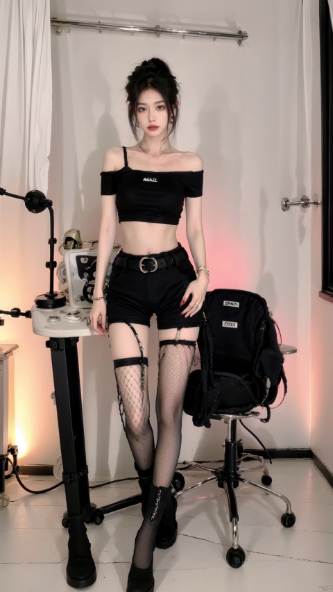  1girl, solo, navel, midriff, belt, pants, boots, looking at viewer, full body, jewelry, standing, earrings, multicolored hair, off shoulder, black hair, nail polish, crop top, black footwear, fishnets, bare shoulders, shorts,sit