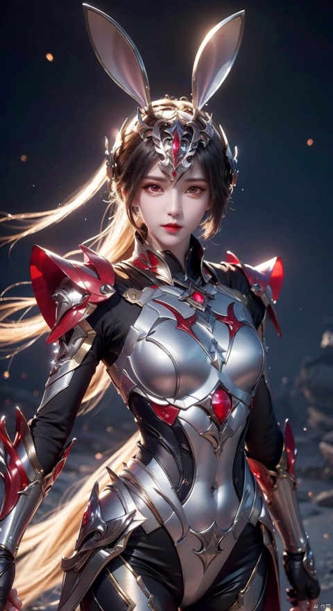  masterpiece,best quality,extremely high detailed,intricate,8k,HDR,wallpaper,cinematic lighting,(universe:1.4),dark armor,glowing eyes,anthropomorphic rabbit mecha,holding a sword,red jewel on sword, xiaowu