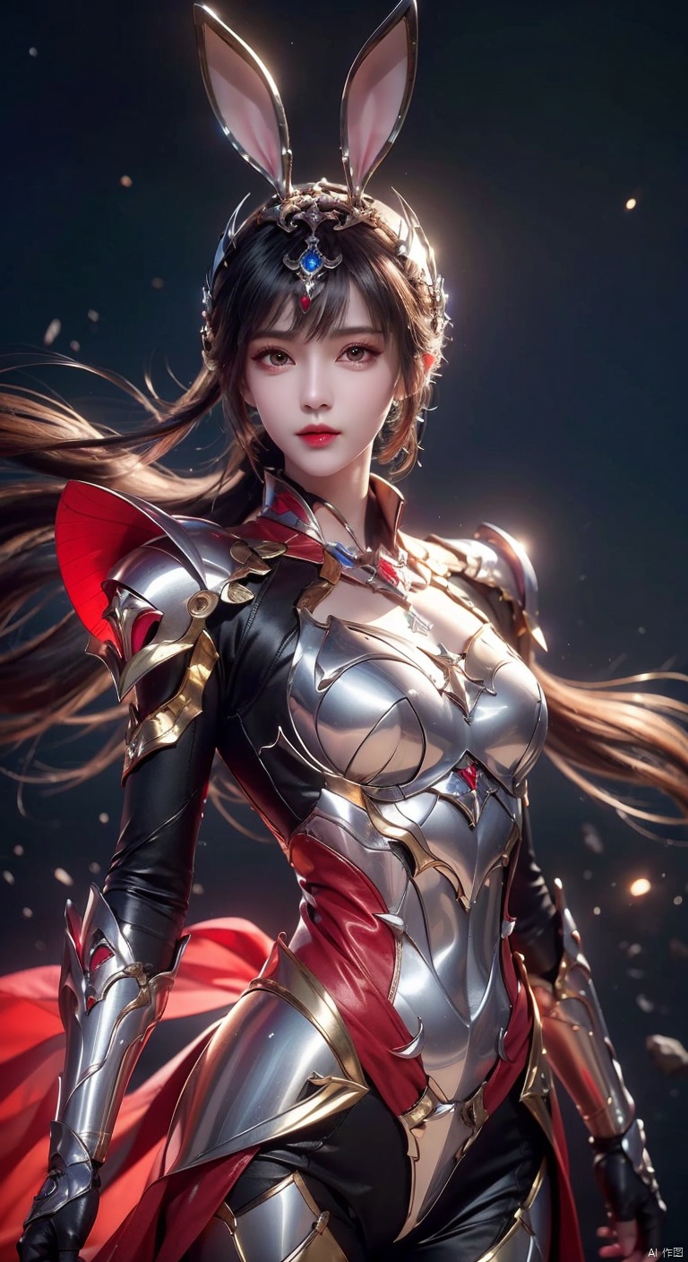  masterpiece,best quality,extremely high detailed,intricate,8k,HDR,wallpaper,cinematic lighting,(universe:1.4),dark armor,glowing eyes,anthropomorphic rabbit mecha,holding a sword,red jewel on sword, xiaowu