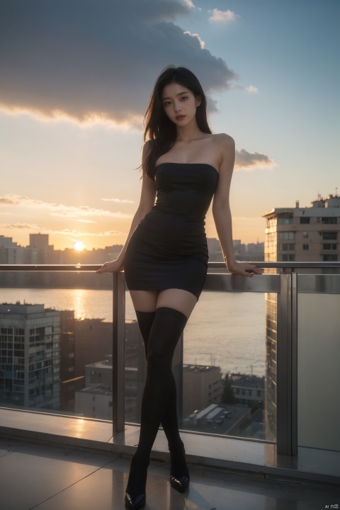  Frontal photography,Look front,evening,dark clouds,the setting sun,On the city rooftop,A 20 year old female,black top,black Leggings,black hair,long hair,dark theme,high contrast,natural skin texture,A dim light,high clarity,sky background,Facial highlights,Strapless,Silk stockings,1girl,solo,fair_skin,skinny,slender,straight_hair,lipstick,bright_pupils,collarbonea,medium breasts,narrow_waist,strapless_dress,sleeveless_dress,kneehighs,tight,lace,standing,incredibly absurdres,reality,blurry,medium_shot,eyes_focus, BODY CONTOUR LIGHT