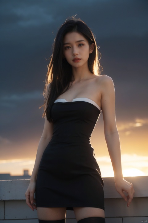  Frontal photography,Look front,evening,dark clouds,the setting sun,On the city rooftop,A 20 year old female,black top,black Leggings,black hair,long hair,dark theme,high contrast,natural skin texture,A dim light,high clarity,sky background,Facial highlights,Strapless,Silk stockings,1girl,solo,fair_skin,skinny,slender,straight_hair,lipstick,bright_pupils,collarbonea,medium breasts,narrow_waist,strapless_dress,sleeveless_dress,kneehighs,tight,lace,standing,incredibly absurdres,reality,blurry,medium_shot,eyes_focus, BODY CONTOUR LIGHT