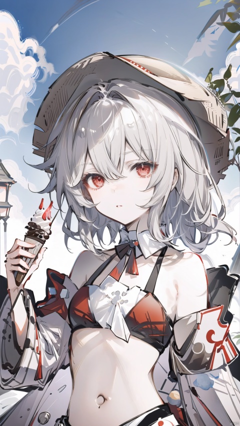  clara (honkai: star rail), 1girl, solo, breasts, bare shoulders, bikini, brown headwear, cleavage, commentary, day, detached sleeves, food, frilled bikini, frills, grey hair, hair between eyes, hat, holding, holding food, honkai: star rail, honkai (series), ice cream, long hair, outdoors, parted lips, plant, puffy short sleeves, puffy sleeves, red bikini, red eyes, red sleeves, shirogane hina, short sleeves, small breasts, strapless, strapless bikini, straw hat, swimsuit, symbol-only commentary, very long hair,像素人, ink style