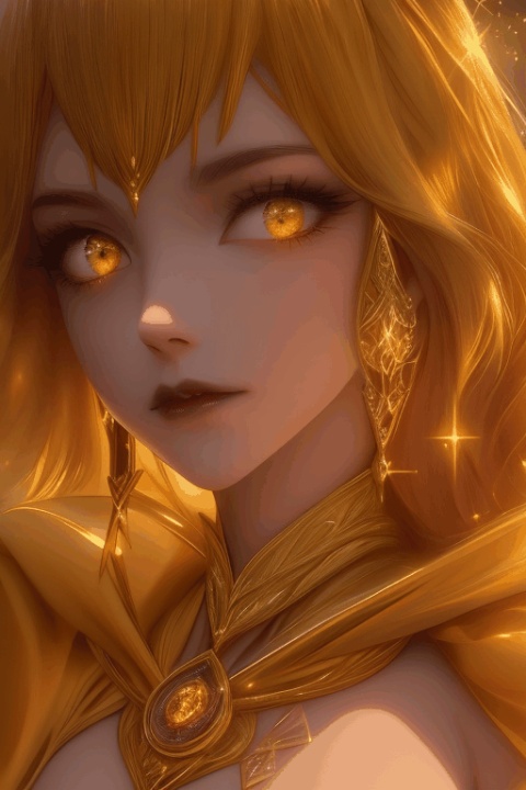  Ultra-detailed 8K CG, intricate details, father's delicate food, jewelry, gemstones, gold, gold, gold theme, shiny, glitter, glitter, blonde, yellow cape, (yellow eyes: 1.3), rich, prestige, gothic architecture, epic quality, dynamic pose, glitter, floating clothes, high frame rate, smooth picture,