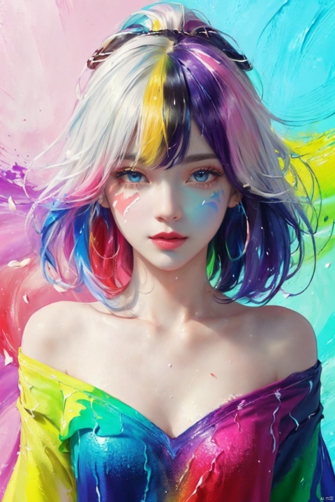 （Pink Fashion T-shirt：1.9）,(Colorful hair: 1.8), (all the colours of the rainbow: 1.8),(((((vertical painting：1.6))), （painting：1.6）,front, comics, illustrations, paintings, large eyes, crystal clear eyes,（ rainbow color gradient high ponytail：1.7）, exquisite makeup, closed mouth,(Small Fresh: 1.5),(Wipe Chest: 1.6) ,long eyelashes, white off shoulder T-shirt,  White Shoulder Shirt,looking at the audience, large watery eyes, (rainbow colored hair：1.6), color splash, （solo：1.8）, color splash, color explosion, thick paint style, messy lines, ((shining)),(colorful), (colorful), (colorful), colorful, Thick Paint Style, (Splash) (Color Splash), Vertical Painting, Upper Body, Paint Splash, Acrylic Pigment, Gradient, Paint, Highest Image Quality, Highest Quality, Masterpiece, Solo, Depth of Field, Face Paint,  colorful clothes, (Elegant: 1.2), gorgeous,long hair, wind, (Elegant: 1.3), (Petals: 1.4),(((masterpiece))),(((best quality))),((ultra-detailed)),(illustration),(dynamic angle),((floating)),(paint),((disheveled hair)),(solo),(1girl) , (((detailed anima face))),((beautiful detailed face)),collar,bare shoulders,white hair, ((colorful hair)),((streaked hair)),beautiful detailed eyes,(Gradient color eyes),(((colorful eyes))),(((colorful background))),(((high saturation))),(((surrounded by colorful splashes))),