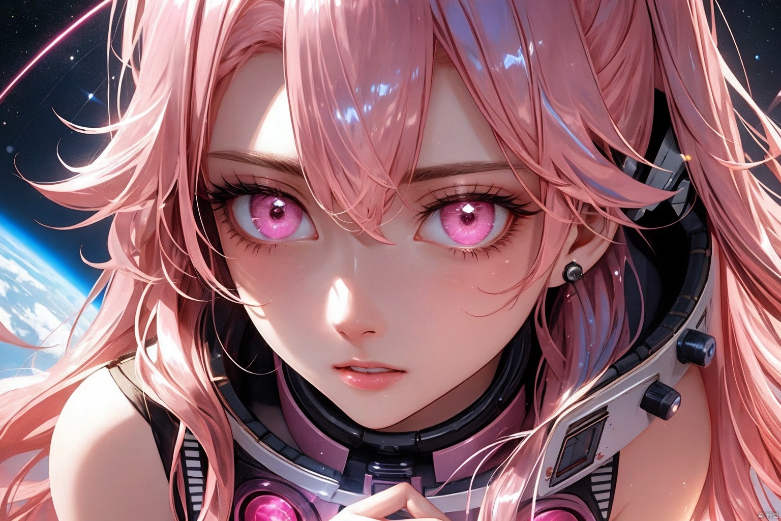  detailed face、detailed facial expressions、detailed hair、detailed arms、detailed legs、detailed hand fingers、Detailed toes、detailed crotch、Viewer&#39;s perspective、one person、beautiful girl、female space fighter pilot、(((１２age)))、bangs、(((light pink metallic hair)))、long hair、light pink metallic suit、beautiful face、Cosmic light、Space Opera、outer space、Straddling the seat and fastening the seatbelt in the narrow space like a coffin inside the cockpit of a space fighter,(((Hold the control levers of the two space fighters on the left and right.)))、, focuseyes