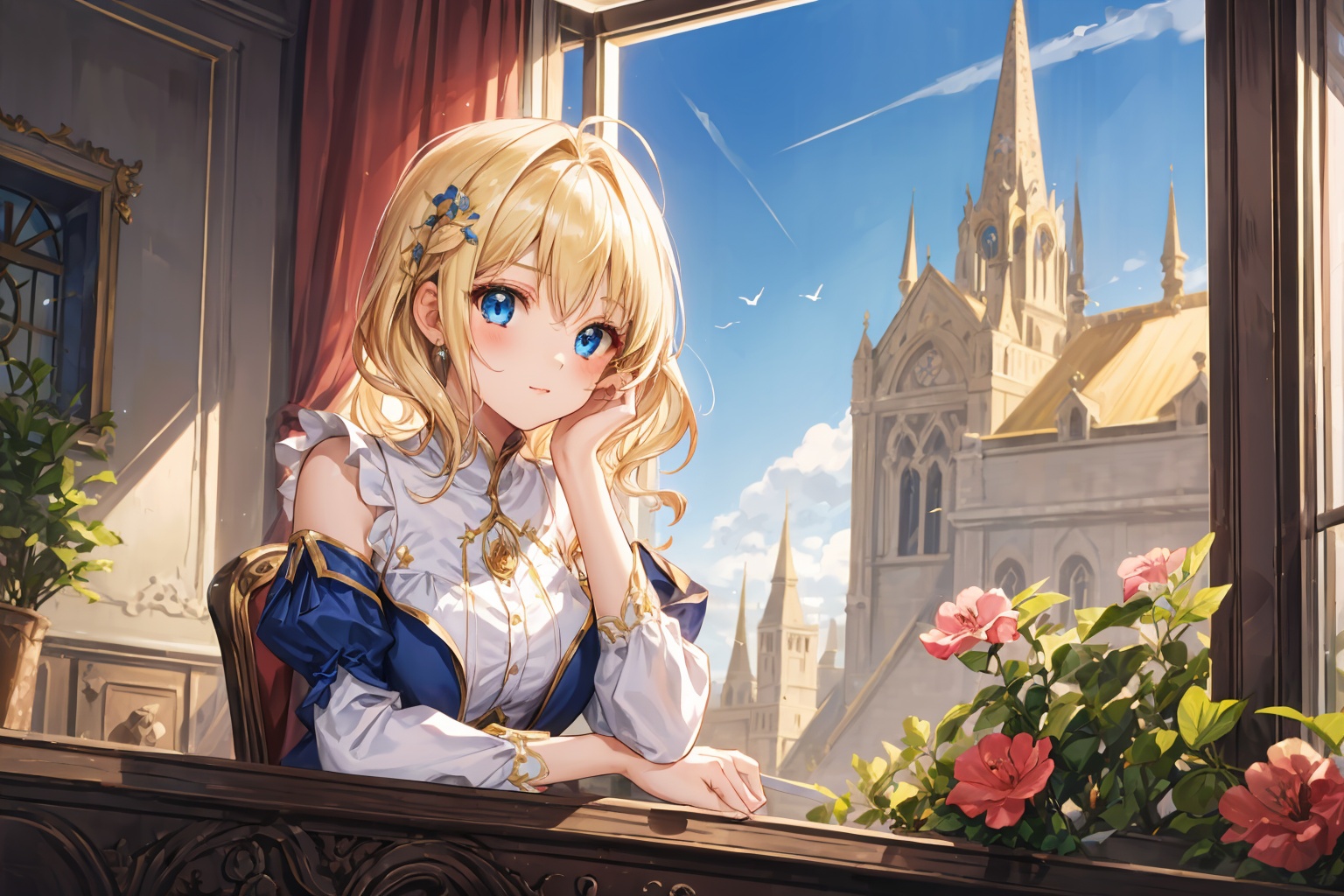 Close up, a girl, elbows propped up on the window, palm touching face, (girl behind the window: 1.3), noble, stone window, delicate and beautiful face, detailed engraved picture part, gorgeous aristocratic placket, fluff, high-detail blonde hair, messy hair, delicate and beautiful blue eyes, depth of field, (foreground window: 1.5), highest resolution, highest quality, delicate, CG, 8k, separated sleeves,
