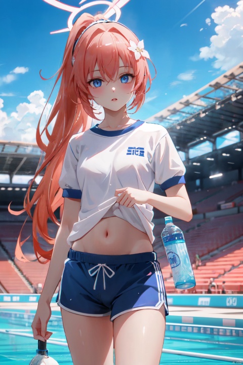  1girl, mari \(blue archive\), solo, navel, gym uniform, halo, shorts, animal ears, shirt, flower, holding bottle, long hair, bottle, hair flower, official alternate costume, short sleeves, hair ornament, white shirt, blue eyes, shirt lift, holding, animal ear fluff, outdoors, gym shorts, gym shirt, clothes lift, bangs, parted lips, short shorts, looking at viewer, white flower, puffy sleeves, hairband, day, water bottle, hair between eyes, puffy short sleeves, blush, lifted by self, headband, breasts, blue sky, collarbone, orange hair, stomach, black shorts, small breasts, very long hair, white hairband, sidelocks, stadium, standing, ponytail, sky, white headband, 1 girl