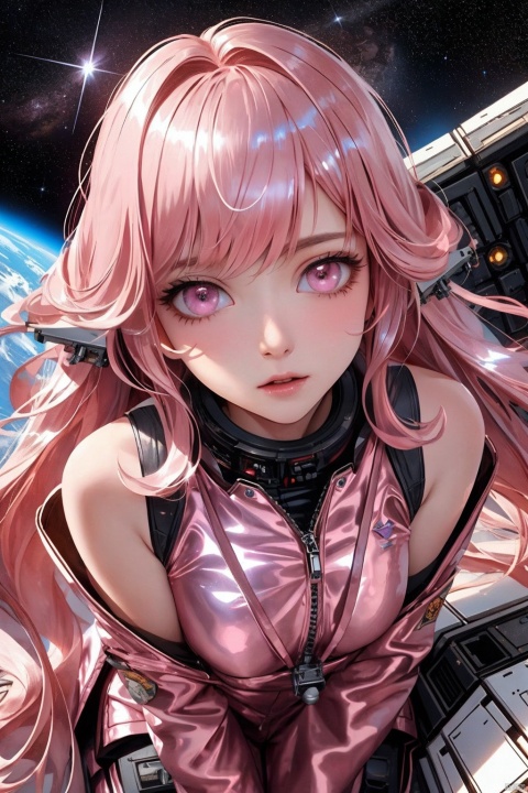 detailed face、detailed facial expressions、detailed hair、detailed arms、detailed legs、detailed hand fingers、Detailed toes、detailed crotch、Viewer&#39;s perspective、one person、beautiful girl、female space fighter pilot、(((１２age)))、bangs、(((light pink metallic hair)))、long hair、light pink metallic suit、beautiful face、Cosmic light、Space Opera、outer space、Straddling the seat and fastening the seatbelt in the narrow space like a coffin inside the cockpit of a space fighter,(((Hold the control levers of the two space fighters on the left and right.)))、, focuseyes