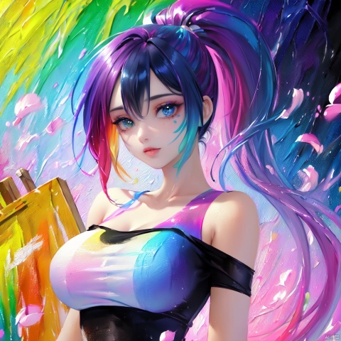 (Pink Fashion T-Shirt: 1.9), (Colorful Hair: 1.8), (All Colors of the Rainbow: 1.8), ((((( Vertical Painting: 1.6))), (Painting: 1.6), Front, Comics, Illustration, Painting, Big Eyes, Crystal Clear Eyes, (Rainbow Color Gradient High Ponytail: 1.7), Delicate Makeup, Closed Mouth, (Big Breasts: 1.5), Long Eyelashes, White Off-the-Shoulder T-Shirt, White Shoulder Shirt, Looking at the Audience, Big Watery Eyes, (iridescent hair:1.6), color splash, (solo:1.8), color splash, color explosion, thick paint style, messy lines, ((shiny)), (color), (color), (color), (color), (splash) (color splash), vertical painting, upper body, paint splash, acrylic paint, gradient, paint, highest image quality, highest image quality, highest image quality, masterpiece, solo, depth of field, face painting, colorful clothes, (elegant: 1.2), Gorgeous, Long Hair, Wind, (Elegant: 1.3), (Petals: 1.4), (((Masterpiece))), ((Best Quality))), (((Ultra Detailed)), (Illustration), (Dynamic Angle), ((Floating