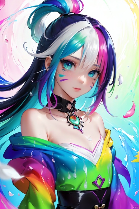  （Pink Fashion T-shirt：1.9）,(Colorful hair: 1.8), (all the colours of the rainbow: 1.8),(((((vertical painting：1.6))), （painting：1.6）,front, comics, illustrations, paintings, large eyes, crystal clear eyes,（ rainbow color gradient high ponytail：1.7）, exquisite makeup, closed mouth,(Small Fresh: 1.5),(Wipe Chest: 1.6) ,long eyelashes, white off shoulder T-shirt, White Shoulder Shirt,looking at the audience, large watery eyes, (rainbow colored hair：1.6), color splash, （solo：1.8）, color splash, color explosion, thick paint style, messy lines, ((shining)),(colorful), (colorful), (colorful), colorful, Thick Paint Style, (Splash) (Color Splash), Vertical Painting, Upper Body, Paint Splash, Acrylic Pigment, Gradient, Paint, Highest Image Quality, Highest Quality, Masterpiece, Solo, Depth of Field, Face Paint, colorful clothes, (Elegant: 1.2), gorgeous,long hair, wind, (Elegant: 1.3), (Petals: 1.4),(((masterpiece))),(((best quality))),((ultra-detailed)),(illustration),(dynamic angle),((floating)),(paint),((disheveled hair)),(solo),(1girl) , (((detailed anima face))),((beautiful detailed face)),collar,bare shoulders,white hair, ((colorful hair)),((streaked hair)),beautiful detailed eyes,(Gradient color eyes),(((colorful eyes))),(((colorful background))),(((high saturation))),(((surrounded by colorful splashes))),(像素人:1.8), pixel, (\fan hua\)
