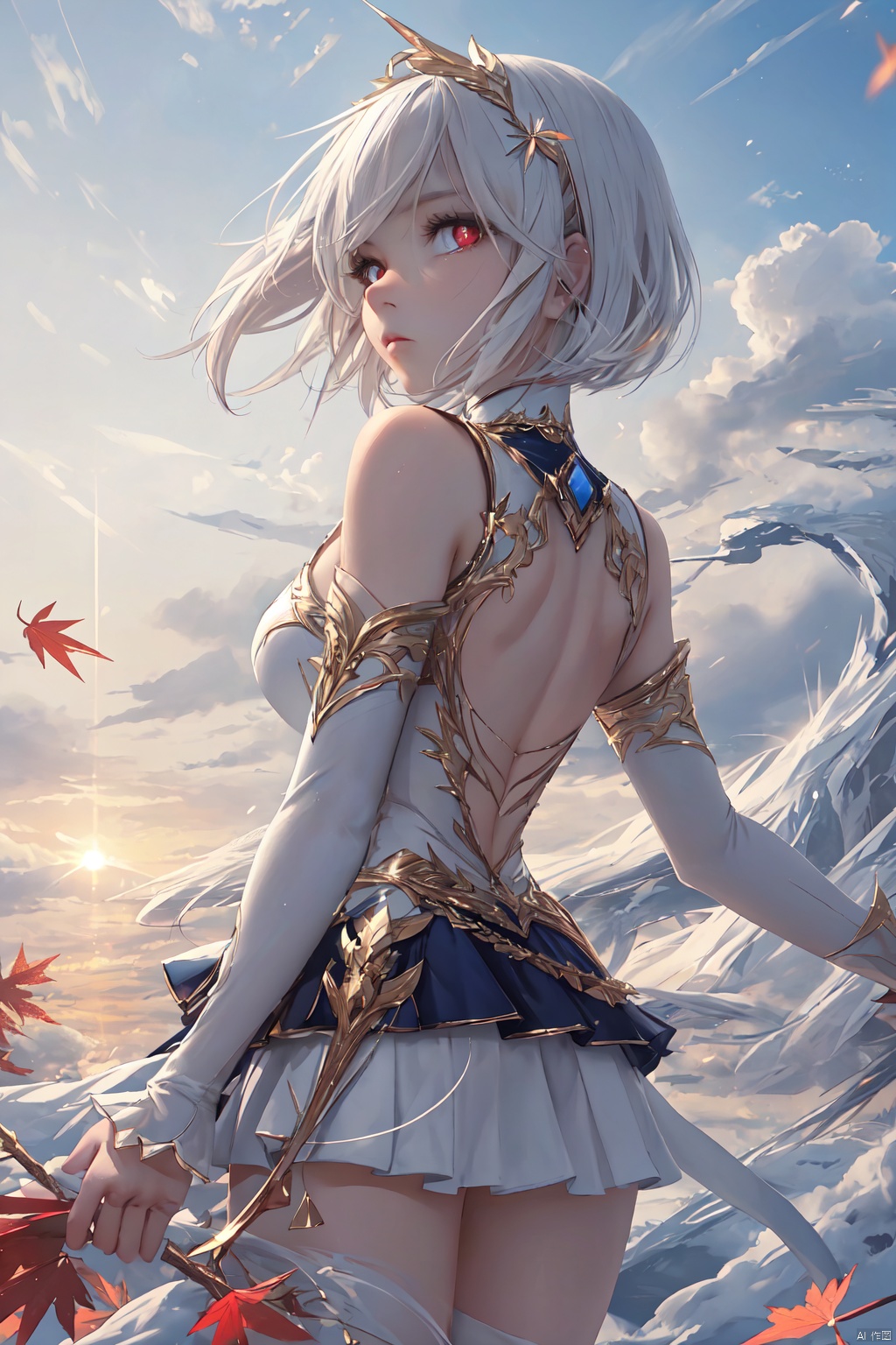 2D to 3D animation, girl standing on the edge of the sky with her back to the sunset, extreme light and shadow, high detail, high resolution, white shoulder-length short hair, red eyes forked pupils, upper body suit and lower body short skirt, cold expression, warm colors, epic picture, cumbersome costume details, wind blowing maple leaves, correct body structure, clearly, facing the camera