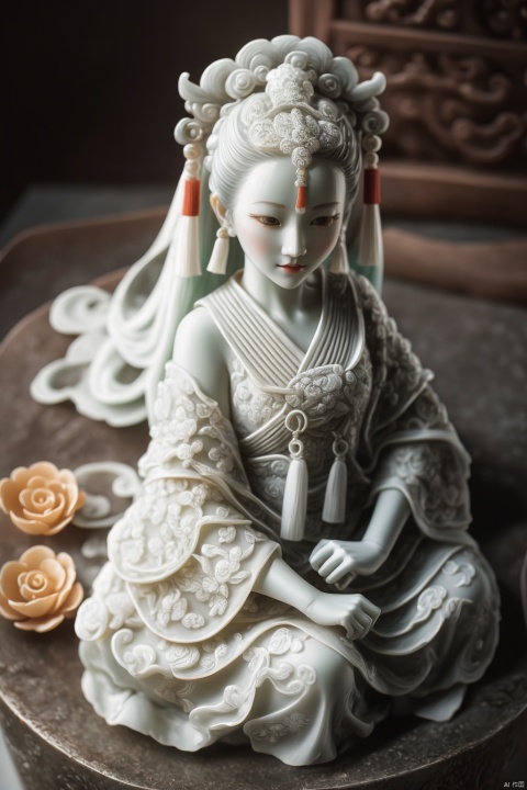 Jade woman, ancient style, highest picture quality, light and shadow, glass light and shadow, beautiful and delicate white jade woman, delicate and beautiful face, (ancient style: 1.3)
