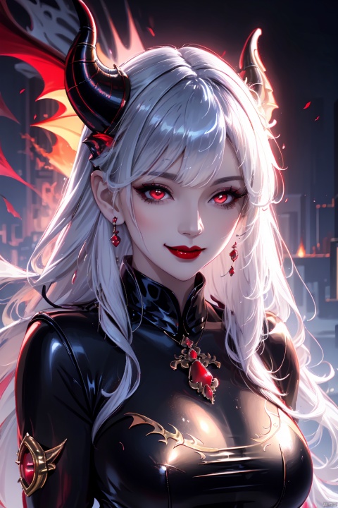 (A beautiful woman with dragon horns, smile, grotesque red lips: 1.3), partial dragon features, dragon king, grinning smile at the corners of the mouth, dull picture, highest quality, highest resolution, epic, close-up, texture enhancement, perfect facial detail, perfect woman with dragon horns, monster, focuseyes, 1girl