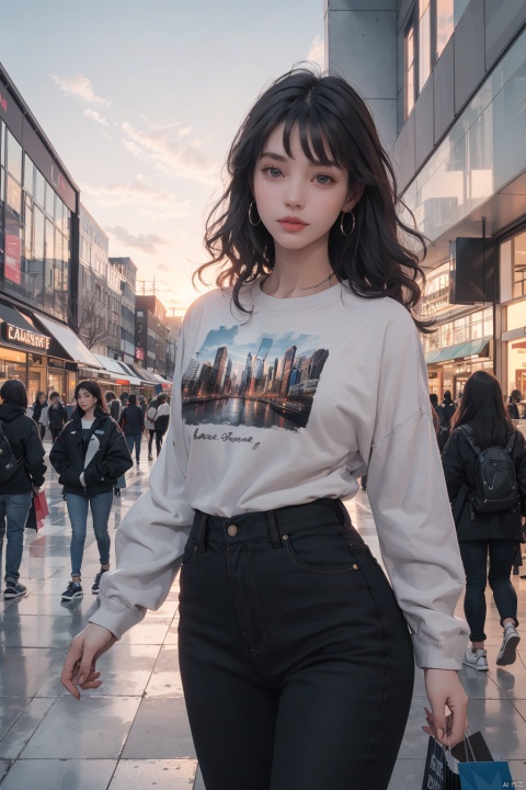  (((masterpiece))), best quality,realistic,(best quality), {{masterpiece}}, {highres}, original, extremely detailed 8K wallpaper),1girl, solo, (in urban streetwear:1.2), extremely delicate and beautiful, beautiful face, beautiful hands, (dynamic postures:1.2), (modern city scape:1.2), in outdoor, (happy:1), hourglass body shape, flat, nijistyle, high_contrast, (shopping mall:1.2), CBD culture background, sunset, full shot, smooth skin, shining skin, 