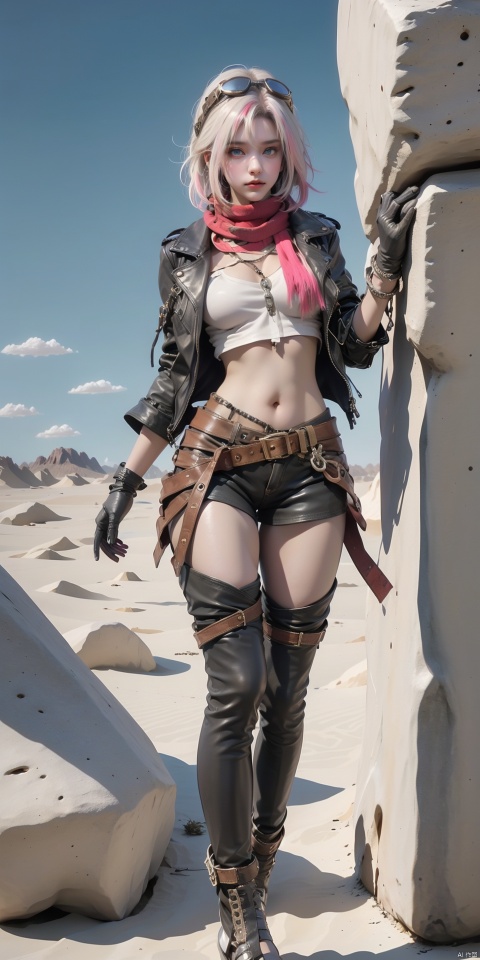 Lush, GY,1girl,leather,leather jacket,solo,scarf,multicolored hair,jacket,gloves,goggles,pink hair,looking at viewer,blue eyes,goggles on head,black jacket,streaked hair,fingerless gloves,short hair,black gloves,white hair,red hair,boots,thigh boots,belt,short skirt, jacket,green short skirt, ahoge, scarf, midriff, sky, outdoors, day, desert, cloud,scenery,sand,rock,tree,mountain,(standing:1.3),, (raw photo:1.2),((photorealistic:1.4))best quality,masterpiece,illustration,an extremely delicate and beautiful,extremely detailed,CG,unity,8k wallpaper,Amazing,finely detail,masterpiece,best quality,official art,extremely detailed CG unity 8k wallpaper,absurdres,incredibly absurdres,huge filesize,ultra-detailed,highres,extremely detailed,beautiful detailed girl,cinematic lighting,1girl,pale skin,tall female,(perfect body shape),skinny body,Slender legs,