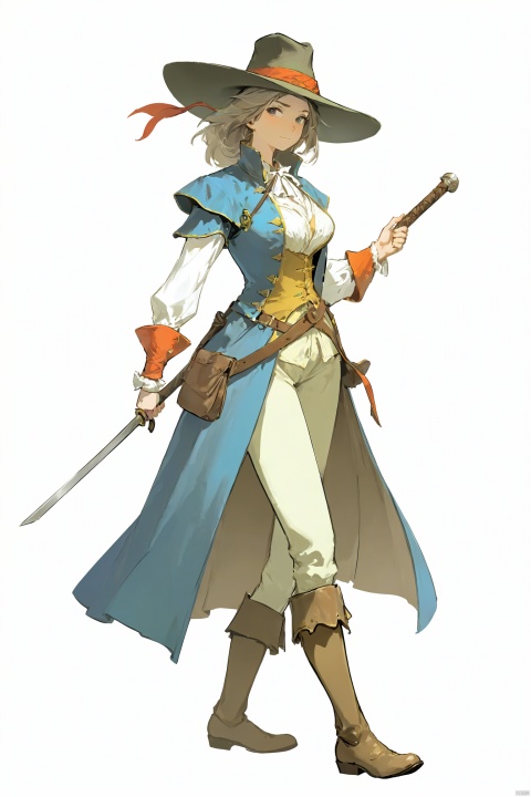  (((masterpiece))), best quality,realistic,(best quality), {{masterpiece}}, {highres}, original, extremely detailed 8K wallpaper), (full body:1.2),D&D character art on a white background of a female bard highwayman, bright musketier outfit, wide hat, holding a rapier in her hand, (from a distance:1.2), (wide view:1.2), sharp line art, simple white background, flat, nijistyle, high_contrast, bianpingshouhui