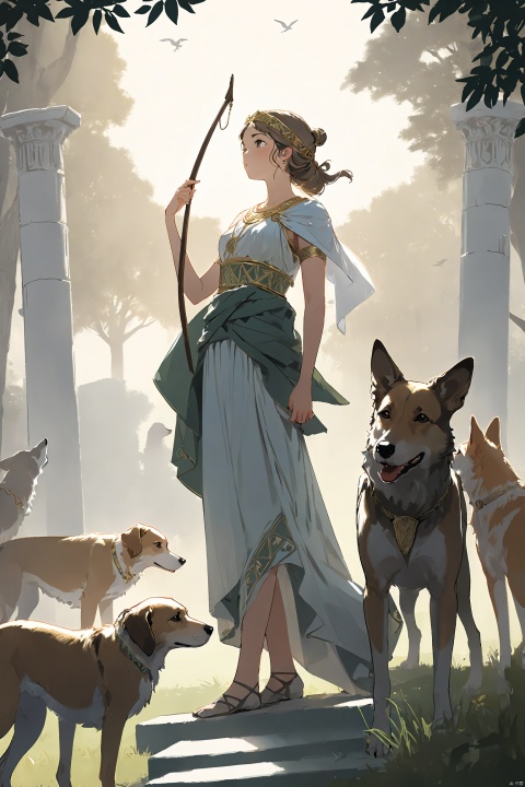  (((masterpiece))), best quality,realistic,(best quality), {{masterpiece}}, {highres}, original, extremely detailed 8K wallpaper), (full body:1.2),  pretty girl, Artemis, in ancient Greek style clothing,  the goddess of Hunting, with hunting dogs aside, (from a distance:1.2), (wide view:1.2), sharp line art, mysterous Tarot background, flat, nijistyle, high_contrast, bianpingshouhui