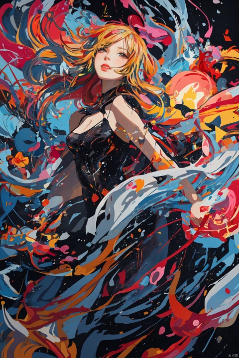  An illustration of a girl surrounded by a vibrant, multicolored paint background, reminiscent of abstract expressionist paintings by Jackson Pollock. The girl stands in the center of the composition, her blonde hair flowing gracefully. The colors in the background are a riot of hues, merging and blending together in an explosion of energy and creativity. The lighting is dynamic, with splashes of light and shadow falling across the scene, adding depth and dimension. The atmosphere is lively and joyful, reflecting the girl's playful spirit amidst the colorful chaos,myinv, The Garden of Words