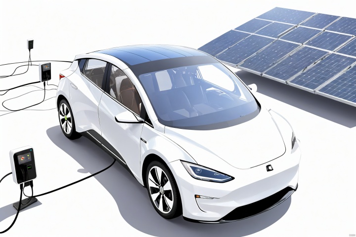  (((masterpiece))), best quality,realistic,(best quality), {{masterpiece}}, {highres}, original, extremely detailed 8K wallpaper), (full body:1.2), an electric car is being charged by several pieces of portable solarpanels, sharp line art,  simple white background, flat, nijistyle, high_contrast, bianpingshouhui