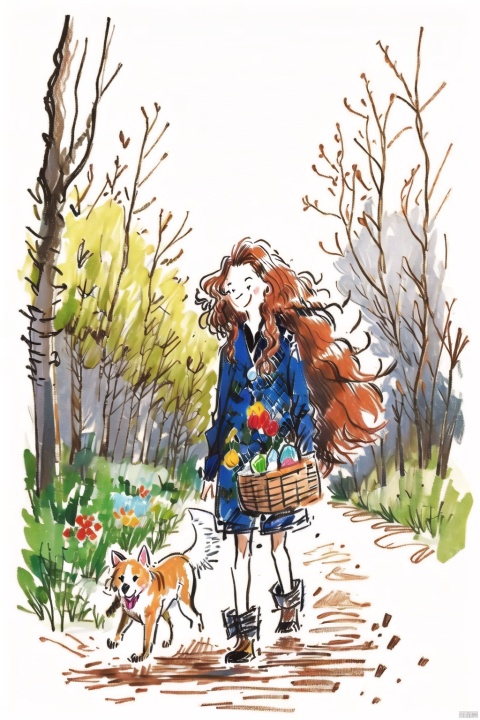  labi, 1girl, solo, cute, chibi, very long hair, red hair, wavy hairs, walking in the woods, dynamic angle, holding a basket full of wild flowers, happy, cheerful, sweet smile, minimalist, walking with a dog