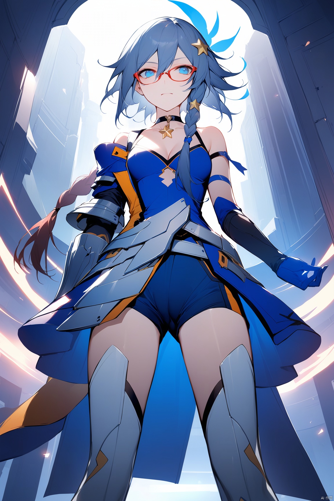  [[fu hua (phoenix)(honkai impact 3rd)]],nai3,1girl,solo,blue eyes, detailed face, fisheye lens, view from bottom, Saber of Fate/stay night, Fate Saber, armor, cameltoe,
boots,shorts,hair between eyes,grey hair,braid,hair ornament, bare shoulder,star choker, cleavage, abdomen, ribbon,blue gloves,choker,idol, star necklace,jewelry,jacket, glasses,fu hua,white footwear,skirt, tech clothes, high heels, shirt, t highhighs,