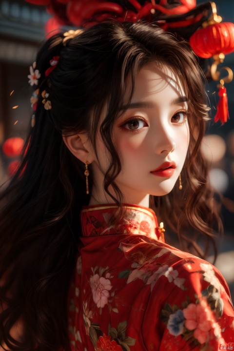 Master piece, 8K, raw photo, official art,  1girl, solo, chinared,moyou, hero shot, looking at viewer, spring festival.