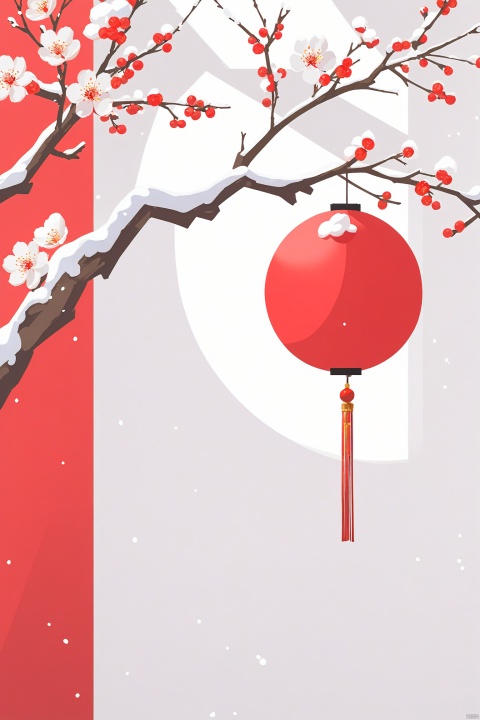  (((masterpiece))), best quality,realistic,(best quality), {{masterpiece}}, {highres}, original, extremely detailed 8K wallpaper),  Chinese red, two-dimensional geometric figure, minimalism, super sense of design, white ancient city wall, white snow, a plum blossom branch, flat view, bright tone, flat, nijistyle, high_contrast, bianpingshouhui