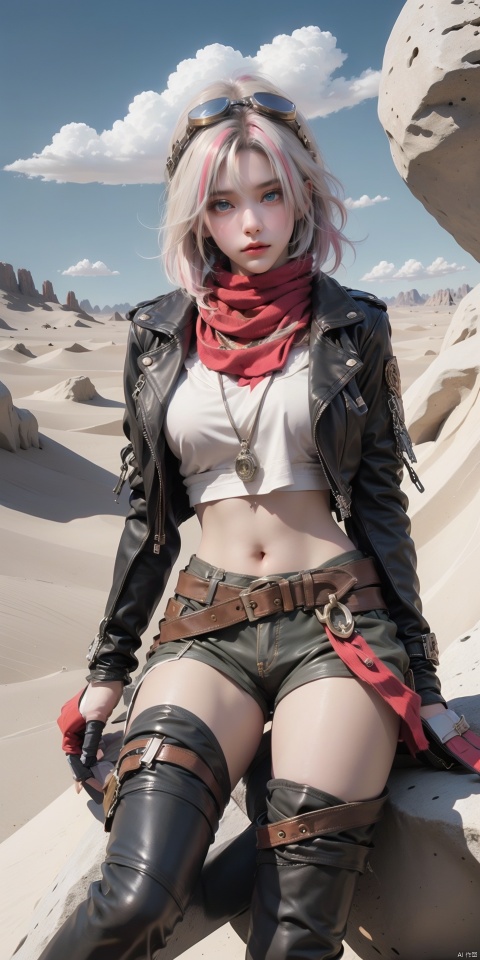  GY,1girl,leather,leather jacket,solo,scarf,multicolored hair,jacket,gloves,goggles,pink hair,looking at viewer,blue eyes,goggles on head,black jacket,streaked hair,fingerless gloves,short hair,black gloves,white hair,red hair,boots,thigh boots,belt,short skirt, jacket,green short skirt, ahoge, scarf, midriff, sky, outdoors, day, desert, cloud,scenery,sand,rock,tree,mountain,(sitting:1.3),, (raw photo:1.2),((photorealistic:1.4))best quality,masterpiece,illustration,an extremely delicate and beautiful,extremely detailed,CG,unity,8k wallpaper,Amazing,finely detail,masterpiece,best quality,official art,extremely detailed CG unity 8k wallpaper,absurdres,incredibly absurdres,huge filesize,ultra-detailed,highres,extremely detailed,beautiful detailed girl,cinematic lighting,1girl,pale skin,tall female,(perfect body shape),skinny body,Slender legs,