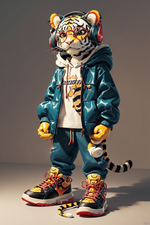 extremely detailed CG unity 8k wallpaper, masterpiece, best quality, ultra-detailed,
3D, hood, tiger, no humans, solo, shoes, hoodie, cool footwear, pants, jacket, jacket, German element,  headphones, (movement:1.2), drawstring, sneakers, animal ears, 1other, full body, simple background, whiskers, round eyewear, blank background, holding, glasses, cable, furry