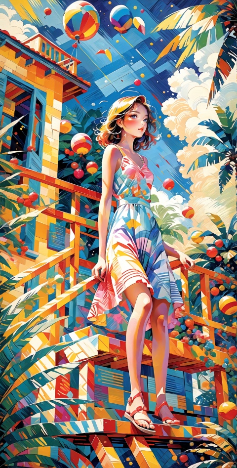  impressionism, girl, (summer clothes:1.2), tropical, sea, peaceful atmosphere, high-quality, brushstrokes, cubism, beach landscape, bird's-eye view, dynamic composition, rich color palette surrealism, young woman, dreamy seaside scene outside, tilted angle, intricate details, vibrant colors
pointillism, beautiful bodyshape, festive decorations, frontal view, vivid colors, textured patterns, pop art, female traveler,  summer wonderland, diagonal perspective, bold lines, high-contrast colors, candy-coated