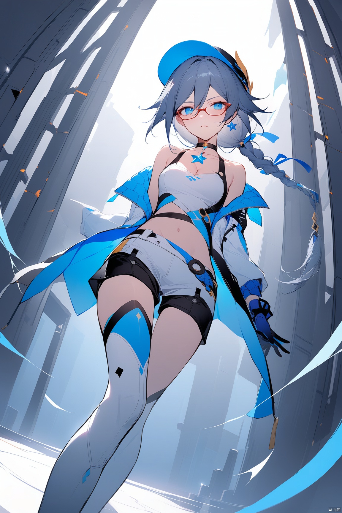  [[fu hua (phoenix)(honkai impact 3rd)]],nai3,1girl,solo,blue eyes, view from bottom, detailed face, fisheye lens,
boots,shorts,hair between eyes,grey hair,braid,hair ornament, hat, bare shoulder,star choker, cleavage, abdomen, ribbon,blue gloves,choker,idol, star necklace,jewelry,jacket, glasses,fu hua,white footwear,skirt, tech clothes, high heels, shirt, t highhighs,