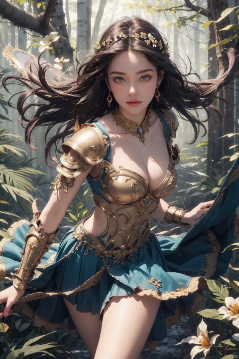  (((masterpiece))), best quality,realistic,(best quality), {{masterpiece}}, {highres}, original, extremely detailed 8K wallpaper),1girl, solo, Athena, goddess of wisdom, in ancient greek armor, cleavage, abdomen, thighs, extremely delicate and beautiful, beautiful face, beautiful hands, (movement:1.2), (ancient greek armor:1.2), in forest, (happy:1), hourglass body shape, flat, nijistyle, high_contrast, (wind:1.2), arabian culture background, in forest, full shot, smooth skin, shining skin, flowers around, floating skirt