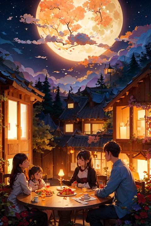 1 Full moon, Mid-Autumn Festival, The family eats around the table, fruit on table, House, Window, masterpiece, UHD, high details, best quality, 16k, from a distance