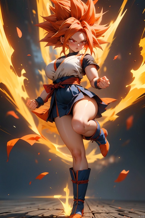  (best quality, masterpiece),solo, (1girl), red eyes, short skirt, dynamit postures, kicking, big breasts, super saiyan, red hair, son goku, boots, aura, full body, clenched hands, blue footwear,