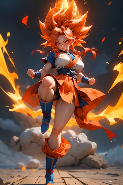  (best quality, masterpiece),solo, (1girl), slim body, red eyes, short skirt, dynamit postures, kicking, big breasts, super saiyan, red hair, son goku, boots, aura, full body, clenched hands, blue footwear,