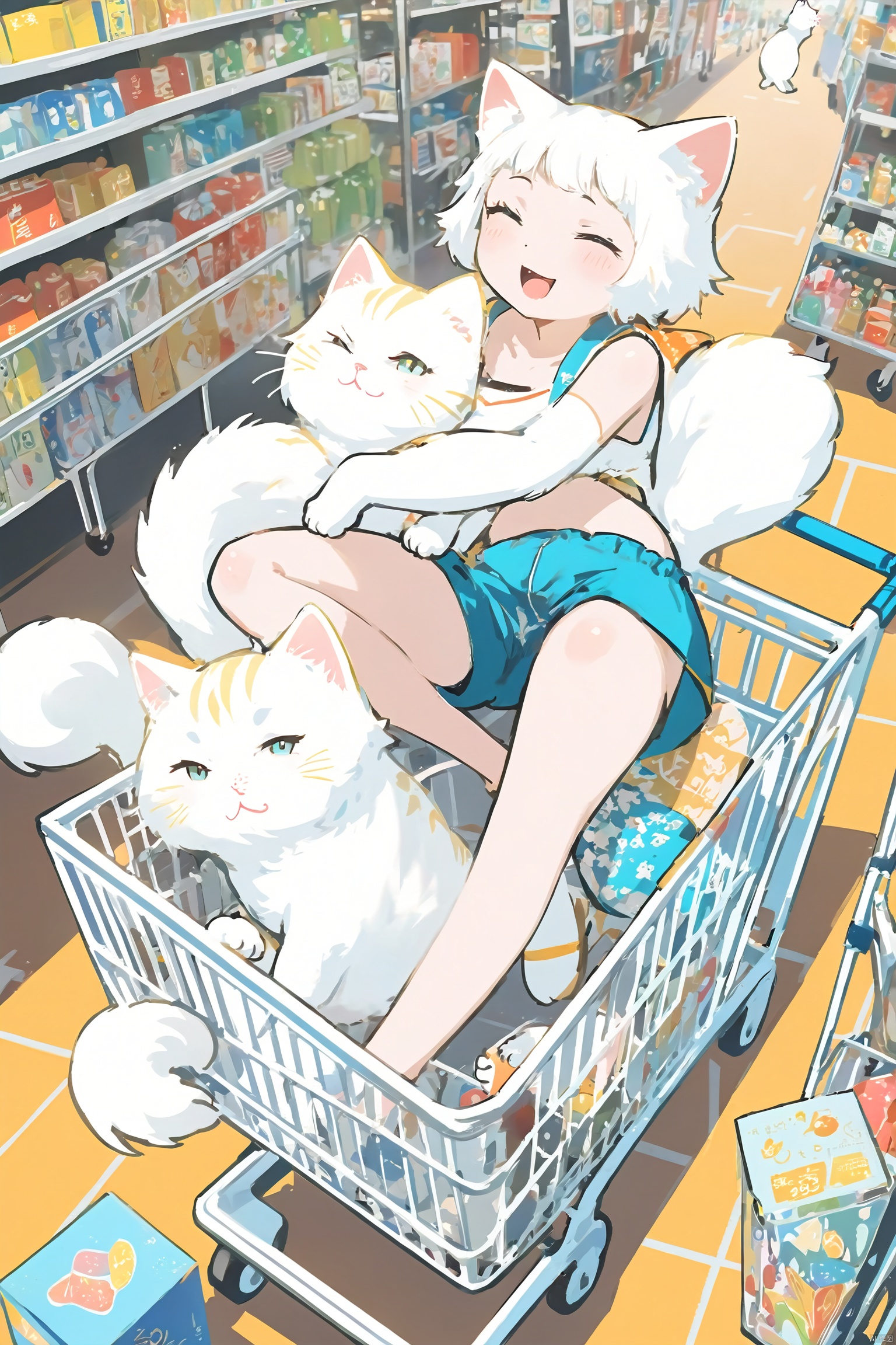  (((masterpiece))), best quality,realistic,(best quality), {{masterpiece}}, {highres}, original, extremely detailed 8K wallpaper), (full body:1.2), pretty girl, white cat ears, white cat tail, in stylish shorts, lying in a shopping cart full of goods, dynamic poses, (from a distance:1.2), (wide view:1.2), sharp line art, mysterous Tarot background, flat, nijistyle, high_contrast, bianpingshouhui, view from above, high details.