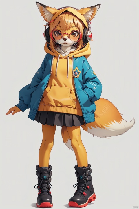  extremely detailed CG unity 8k wallpaper, masterpiece, best quality, ultra-detailed,
3D, hood, cute, lovely, (fox:1.2), no humans, solo, hoodie, cool footwear, short skirt, jacket, vibrant colors,  headphones, (movement:1.2), drawstring, animal ears, 1other, full body, simple background, whiskers, round eyewear, blank background, glasses, furry