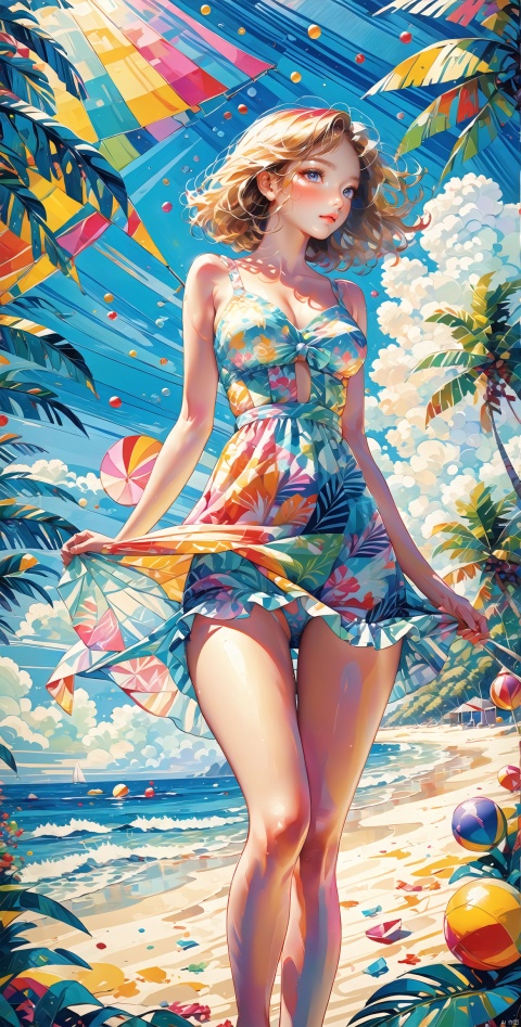  impressionism, girl, (summer clothes:1.2), tropical, sea, peaceful atmosphere, high-quality, brushstrokes, cubism, beach landscape, large breasts, cleavage, beautiful legs, dynamic postures, rich color palette surrealism, young woman, dreamy seaside scene outside, tilted angle, intricate details, vibrant colors, 
pointillism, hourglass_figure, festive decorations, frontal view, vivid colors, textured patterns, pop art, female traveler,  summer wonderland, diagonal perspective, bold lines, high-contrast colors, candy-coated, windy day, panties,