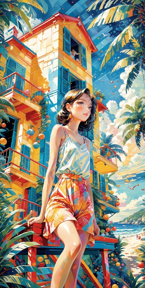  impressionism, girl, (summer clothes:1.2), tropical, sea, peaceful atmosphere, high-quality, brushstrokes, cubism, beach landscape, bird's-eye view, dynamic postures, rich color palette surrealism, young woman, dreamy seaside scene outside, tilted angle, intricate details, vibrant colors, 
pointillism, hourglass_figure, festive decorations, frontal view, vivid colors, textured patterns, pop art, female traveler,  summer wonderland, diagonal perspective, bold lines, high-contrast colors, candy-coated