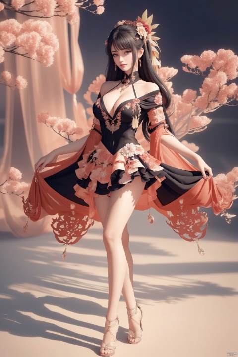  (,1girl, ,best quality, ),looking at viewer, full body, beautiful legs, cleavage,perfect body shape,anime,(masterpiece, top quality, best quality, official art, beautiful and aesthetic:1.2), (1girl), windy, , (()),extreme detailed,(fractal art:1.3),colorful, flowers ,highest detailed,() (()), (),