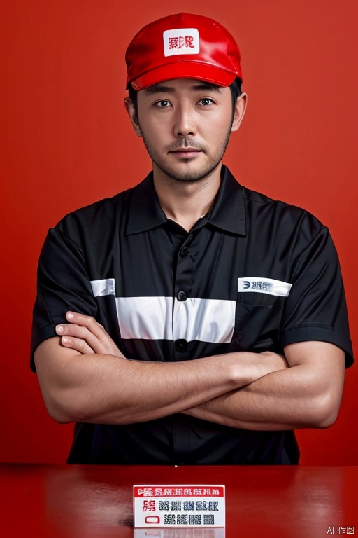  A 38-year-old man, the man's eyes, a male employee working in China Petroleum, wearing a Sinopec gas station cap, a photo ID, red background., Oguri