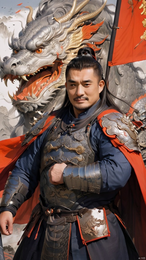  1man,stocky, strong, muscle, NSFW,penis,Majestic Ming Dynasty general, armored in a battle suit with embroidered dragon motifs, , and cloaked with a cape, his expression resolute. The backdrop features a battlefield scenery, flags fluttering, with high contrast and high definition to depict the ambiance of wartime epic, happy,
, Silverjoe, asian, huggymale,mature male,