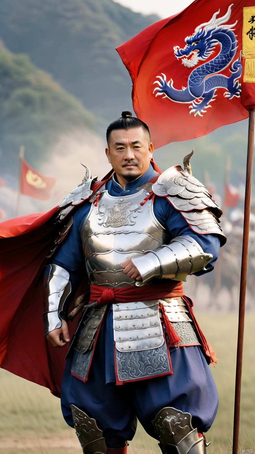  1man,stocky, strong, muscle, Majestic Ming Dynasty general, armored in a battle suit with embroidered dragon motifs, , and cloaked with a cape, his expression resolute. The backdrop features a battlefield scenery, flags fluttering, with high contrast and high definition to depict the ambiance of wartime epic, happy,
, Silverjoe, asian, huggymale,mature male