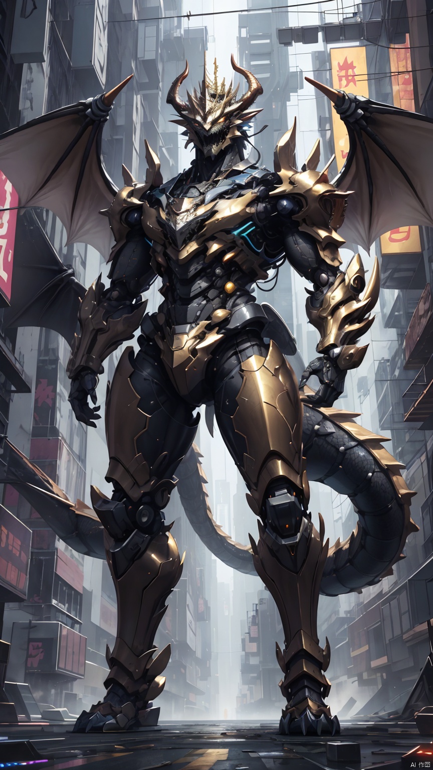  Masterpiece, high detail, 8k, full body, a huge humanoid dragon king with golden metal scale texture, sharp horns and teeth on the crown, strong and powerful mechanical arms and armor. The eye area of the Dragon King is a golden fluorescent screen, with a huge dragon wing composed of thrusters installed on the back and an armored dragon tail. The entire body is mainly composed of two colors: golden, purple, , in a cyberpunk style, stocky
,, 3d stely. The eyes emit purple laser beams.